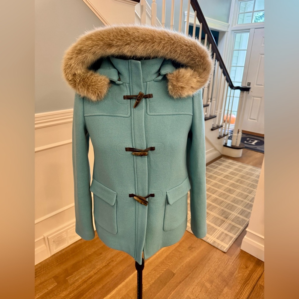 Talbots Women's Tiffany Blue Aqua Italian Wool Toggle Coat with Faux Fur Hood 6